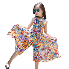 Bohemian Style Kid Girl Summer Chiffon Beach Skirt Pants Jumpsuit Floral Dress
