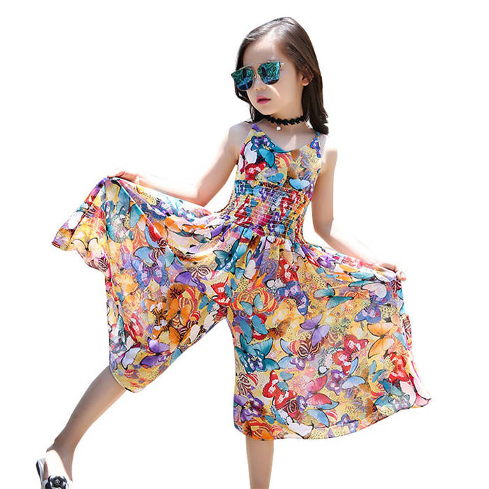 Bohemian Style Kid Girl Summer Chiffon Beach Skirt Pants Jumpsuit Floral Dress