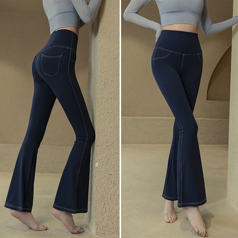 Womens Bootcut Yoga Pants High Waisted with Pockets Stretch Leggings-Blue