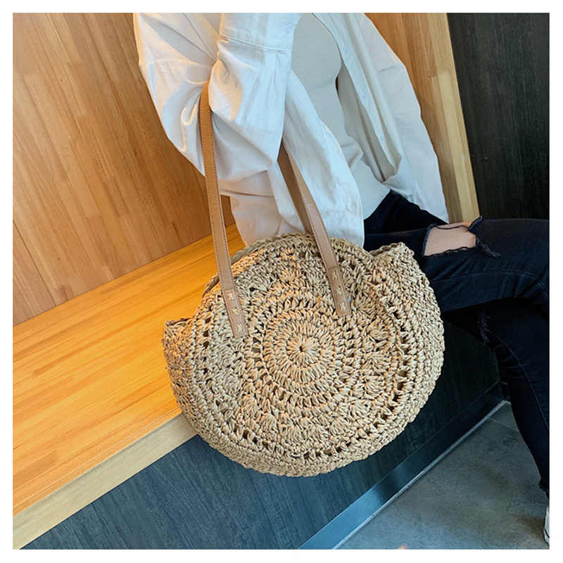 Round Straw Bag Large Woven Summer Beach Tote Handbags for Women Vacation-Khaki