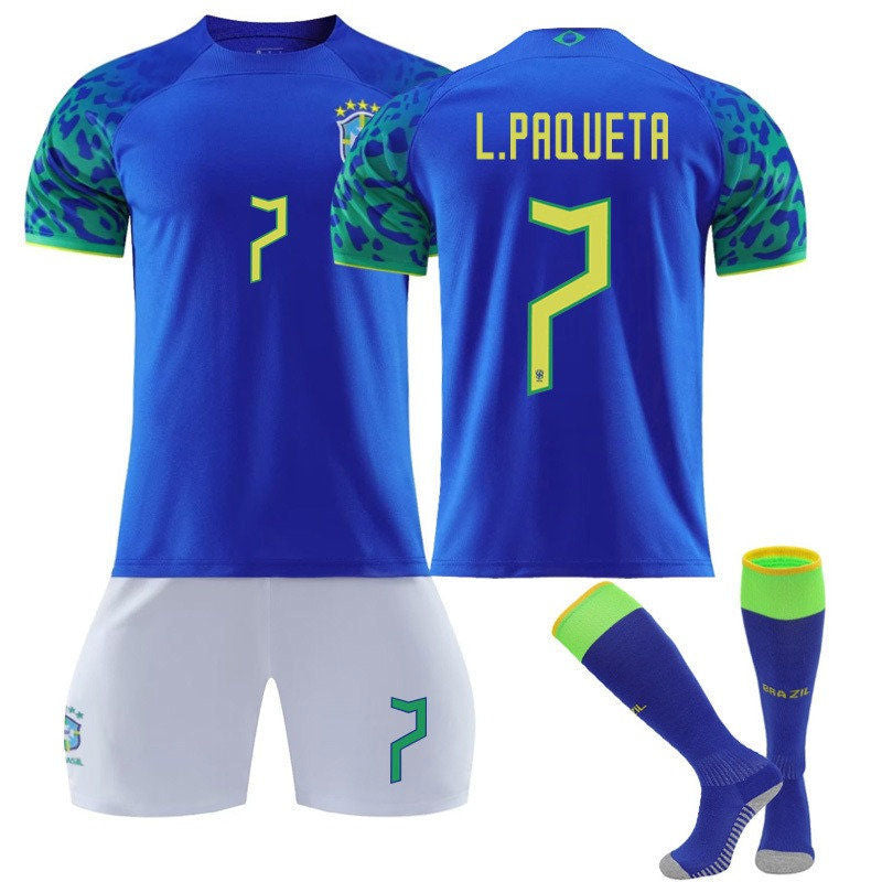 L.PAQUETA #7 Brazil Away Jersey 2022/23 Soccer Jersey Kit Football T-shirt Set For Adult Kids