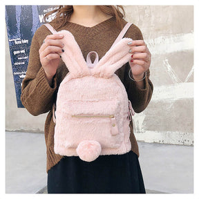 Women Cute Rabbit Ears Backpack Fluffy School Bag Satchel-Pink