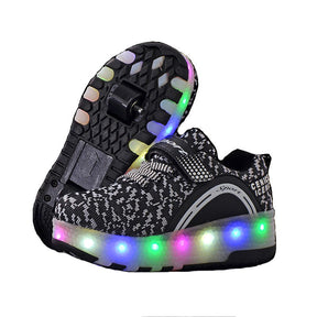 Kids LED Roller Skate Shoes with Double Wheel Sport Sneaker-Black