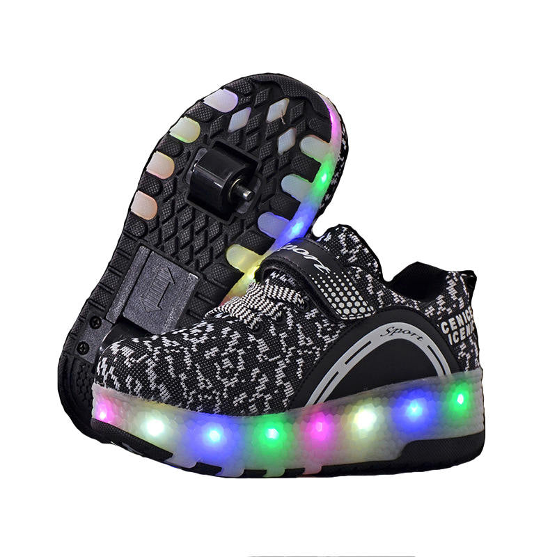 Kids LED Roller Skate Shoes with Double Wheel Sport Sneaker-Black