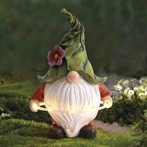 Garden Resin Gnome Figurine Playing Hoop with Solar LED Lights for Lawn Patio Garden Ornament Gift