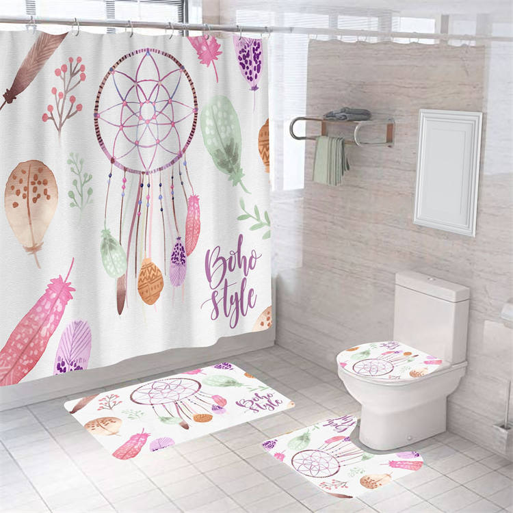 4 Pcs Shower Curtain Set Bath Mat U Shape and Toilet Lid Cover Mat with 12 Hooks-A5