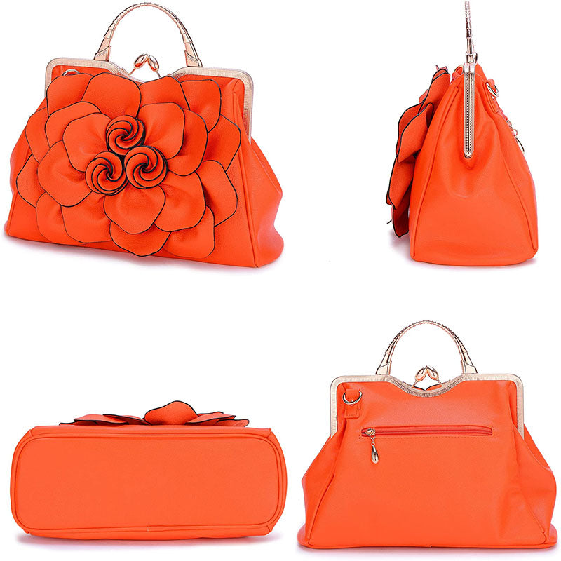 Womens Rose Flower Evening Clutches Formal Party Totes Shoulder Bag-Orange