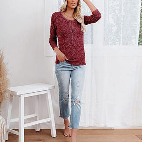 Womens Long Sleeve Tops Pullover with Buttons Down Casual Loose Fit-WineRed
