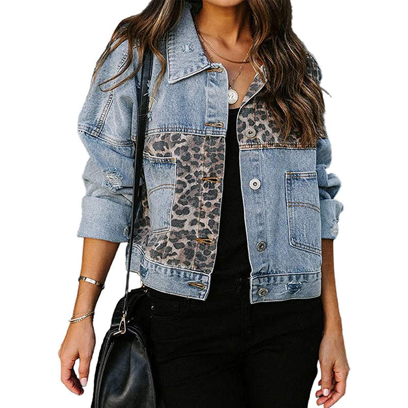 Womens Distressed Denim Jacket Patchwork Print Ripped Outwear-LeopardPattern