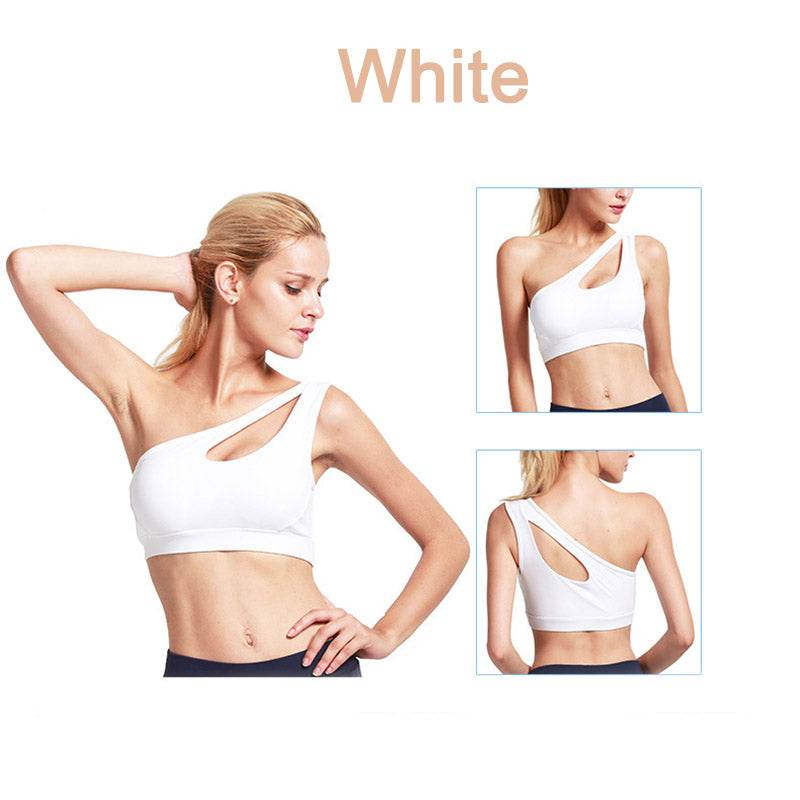 One Shoulder Sports Bra Removable Padded Sexy Cute Workout Top-White