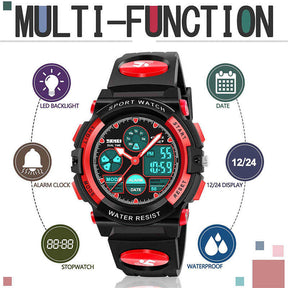 LED Multi Function Sports Waterproof Watch for Kids-Red