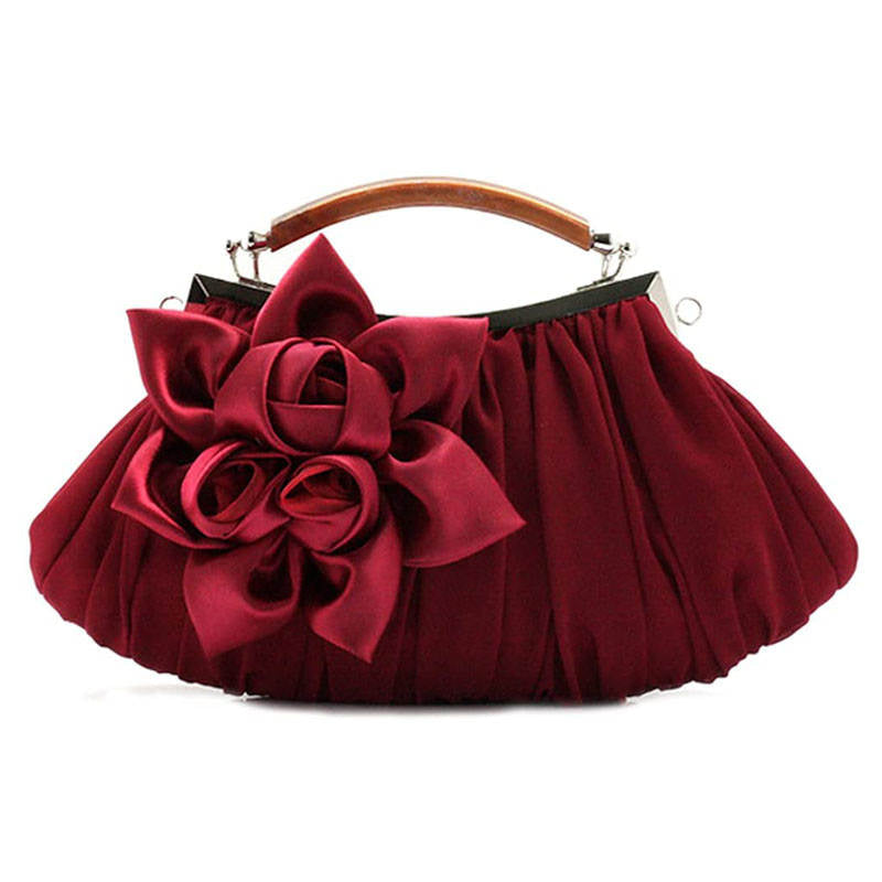 Womens Silk Flowers Evening Bags Clutch-WineRed