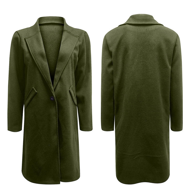 Elegant Womens Coat Lapel Solid Button Down Warm Long Outwear-ArmyGreen