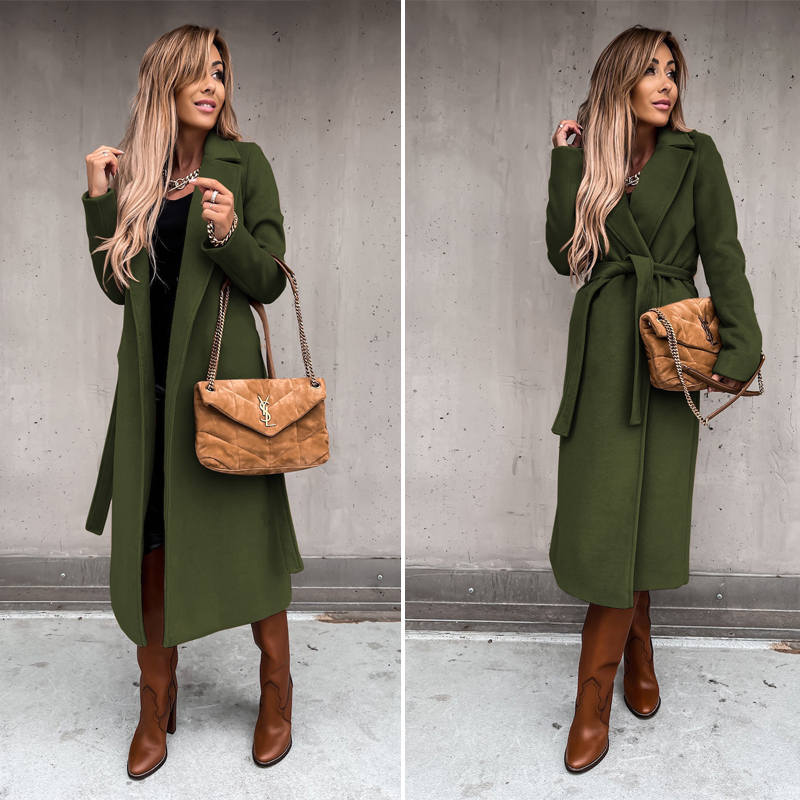 Womens Trench Coats Lapel with Tie Belt Fashion Winter Long Outwear-Army Green