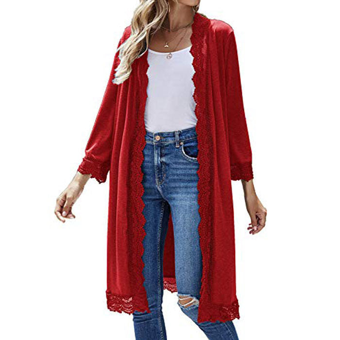 Women's 3/4 Sleeve Lace Flower Trim Casual Long Cardigan Cover Up Loose Blouse Knitting Outerwear-Red Wine