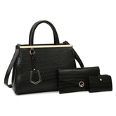 3Pcs Women Tote Bags Large Capacity Crack Design Fashion Purse-Black