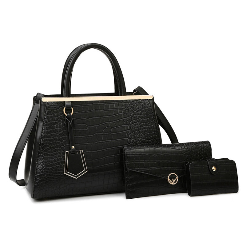 3Pcs Women Tote Bags Large Capacity Crack Design Fashion Purse-Black