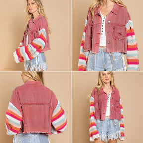 Womens Patchwork Denim Jacket Rainbow Knit Long Sleeve Crop Coat-Red