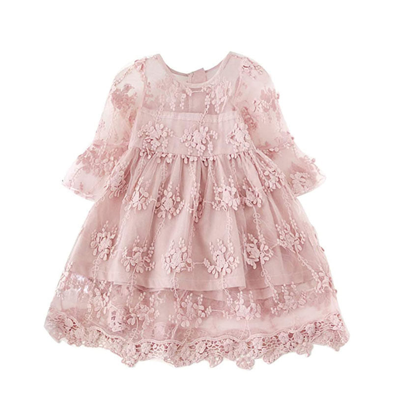 Flower Girls 3/4 Sleeve Dress Girls Lace Princess Party Tulle Summer Vintage Dress-Pink