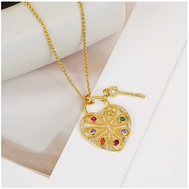 Colorful Heart Lock And Key Pendant Necklace For Women Girls