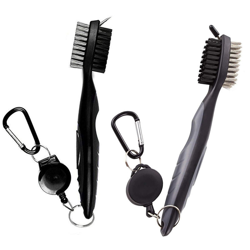 2Pcs Golf Club Brush Groove Cleaner with Retractable Zip-line Carabiner-Gray Black