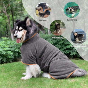 Dog Bathrobe Microfibre Fast Drying Towel Adjustable Collar Waist-Grey