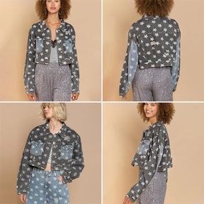 Star Print Denim Jacket for Women Frayed Raw Crop Coat for Autumn