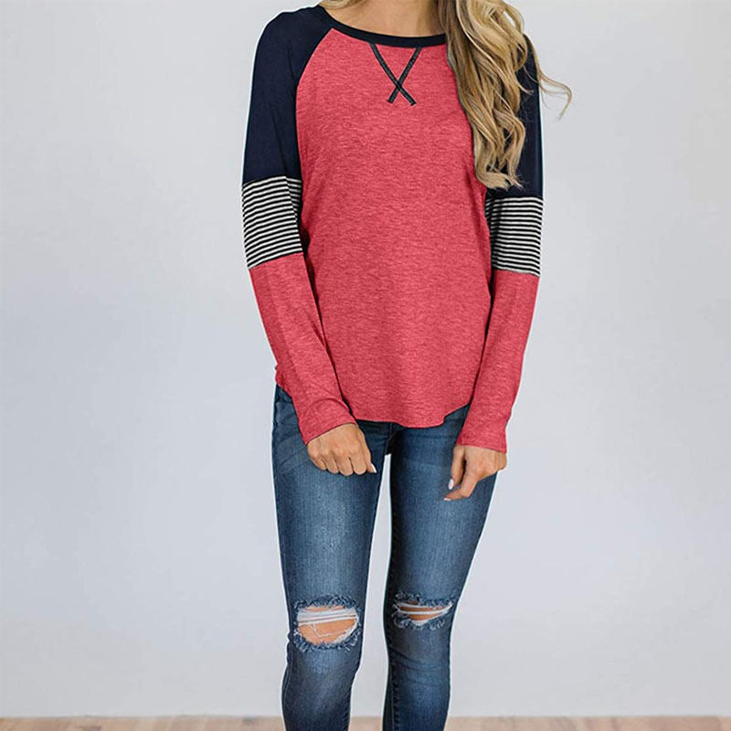 Womens Color Block Round Neck Tunic Top Casual Long Sleeve Shirt-Red