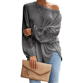 Womens Off Shoulder Tops Waffle Knit Lantern Long Sleeve Pullover-Grey