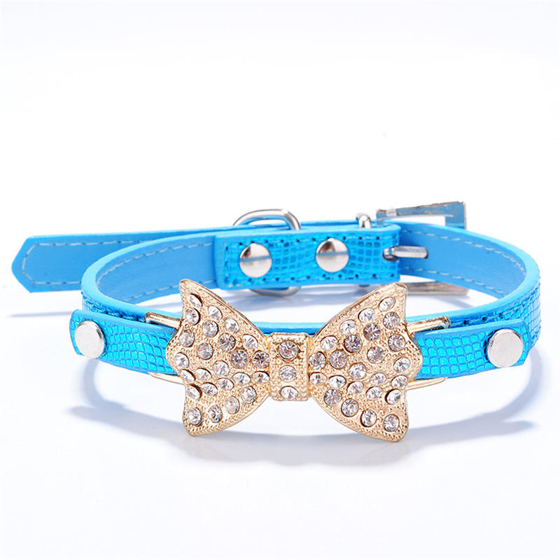 Pet Bling Diamond Giltter Leather Fashion Collar With Tow Rope for Small Dogs Cat Party Gifts-Blue