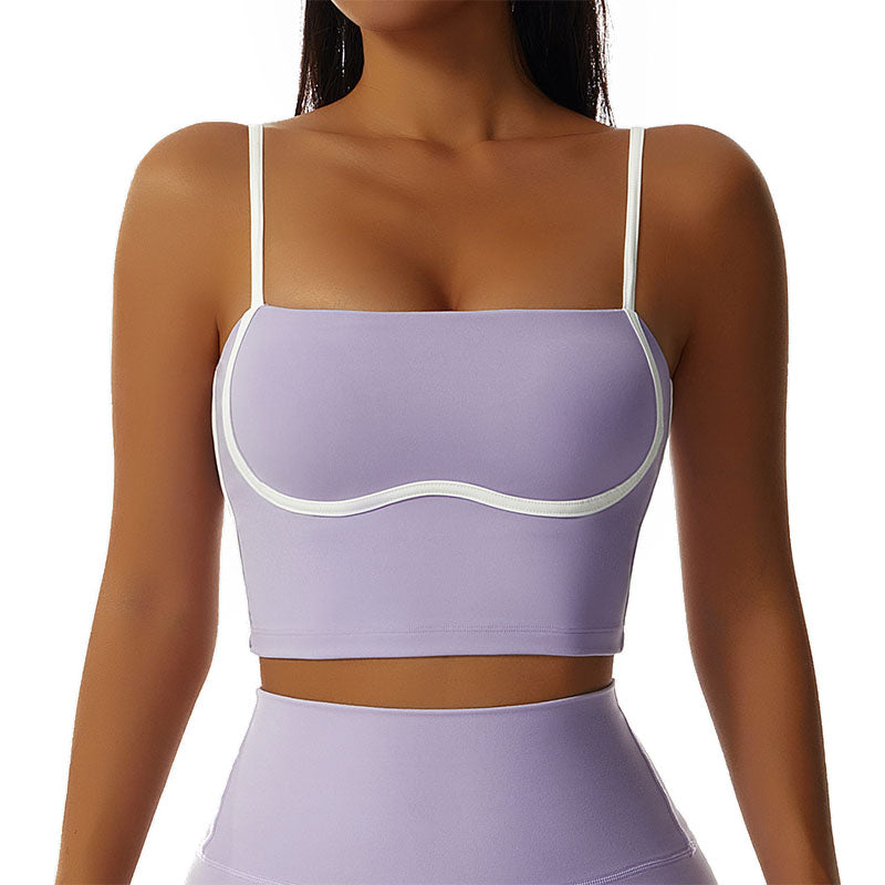 Spaghetti Strap Sports Bra Square Neck Padded Fitness Crop Tops-Purple