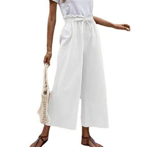 Womens Cropped Wide Leg Pant Elastic Solid Loose Fit Casual Trouser-White