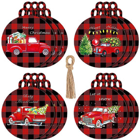 12Pack Red Truck Round Wooden Slice Hanging Ornaments for Holiday Xmas Party Decorations