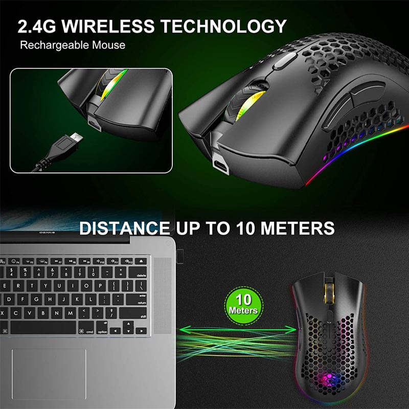 2.4G Wireless Lightweight Gaming Mouse with RGB Backlit Adjustable DPI-Black