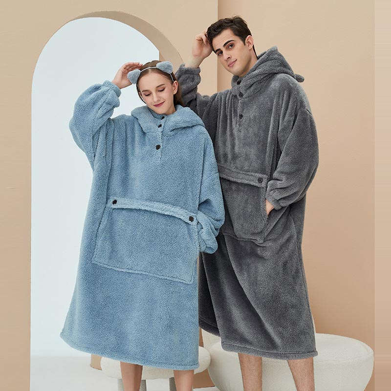 Hoodie Plush Pajama Set for couple-Haze Blue