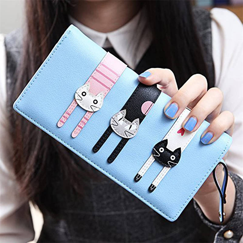 Womens Cute Cat Wallet Bifold Long Coin Purse with Zipper-LightBlue