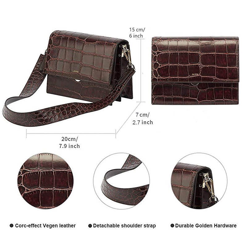 Women Leather Retro Shoulder Bag Crocodile Mini Flap Crossbody Bag-Brown