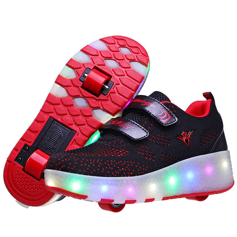 Kids LED Roller Shoes with Double Wheel for Childrens Birthday Gift-159 Black Red