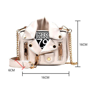 Women Motorcycle Jacket Crossbody Bag Punk Style Lapel Collar Satchel Bag-White
