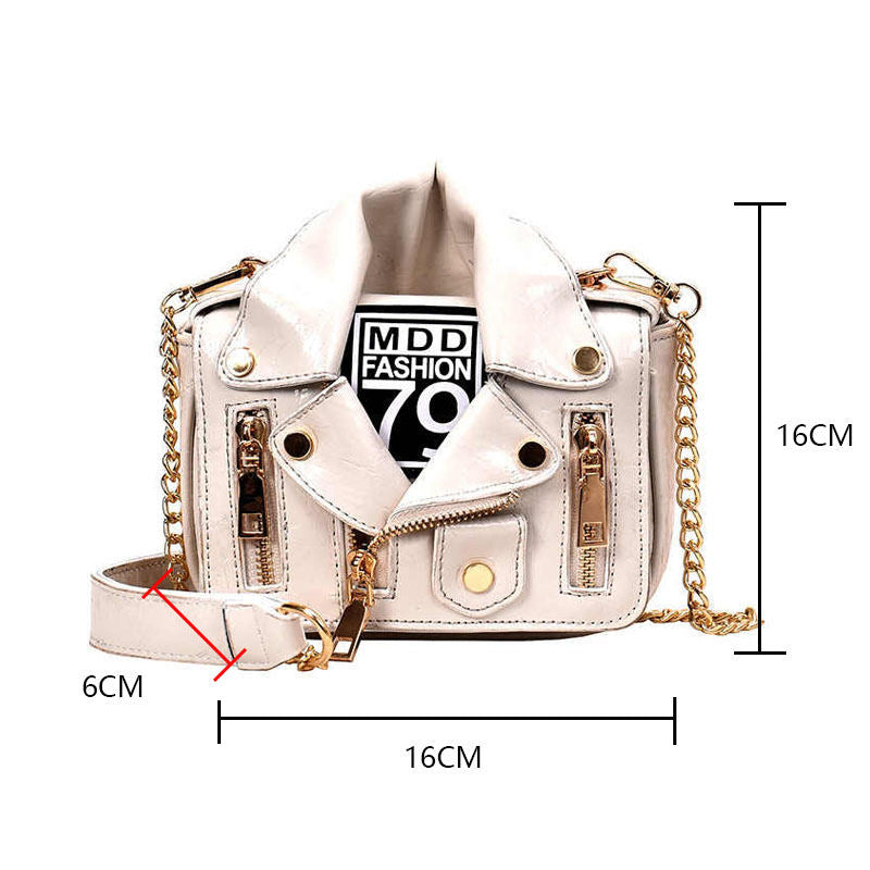 Women Motorcycle Jacket Crossbody Bag Punk Style Lapel Collar Satchel Bag-White
