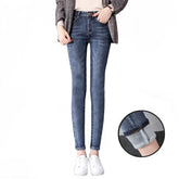 Womens Fleece Jeans with Pockets High Waist Stretch Pants-1699-Retro Blue