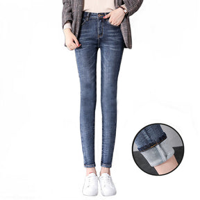 Womens Fleece Jeans with Pockets High Waist Stretch Pants-1699-Retro Blue