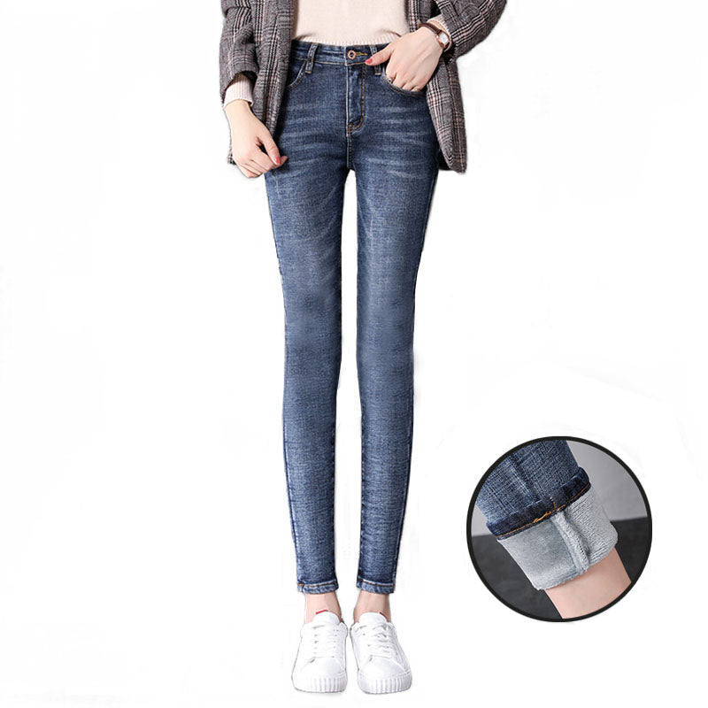 Womens Fleece Jeans with Pockets High Waist Stretch Pants-1699-Retro Blue