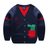 Toddler Boys Long Sleeve Knitted Sweatshirts Cartoon Dinosaur V-Neck Cardigan Sweaters-NavyBlue