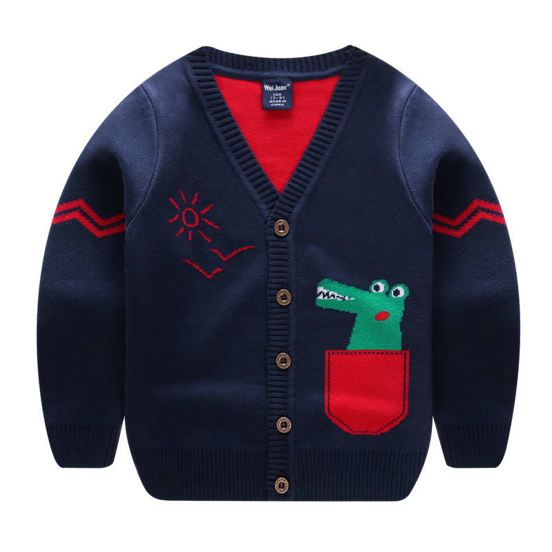Toddler Boys Long Sleeve Knitted Sweatshirts Cartoon Dinosaur V-Neck Cardigan Sweaters-NavyBlue