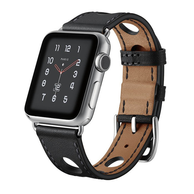 Leather Watch Strap For Apple iWatch 1/2/3/4/5/6/7/SE-Black