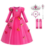 Girls Princess Dress with Accessories Butterflies Tulle Long Sleeve Gown-Pink