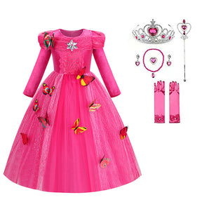 Girls Princess Dress with Accessories Butterflies Tulle Long Sleeve Gown-Pink