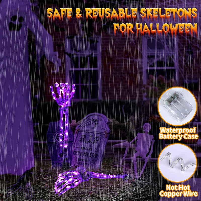 2 Pcs Halloween Skeleton Hands Outdoor Decor with 100 Purple LED Lights