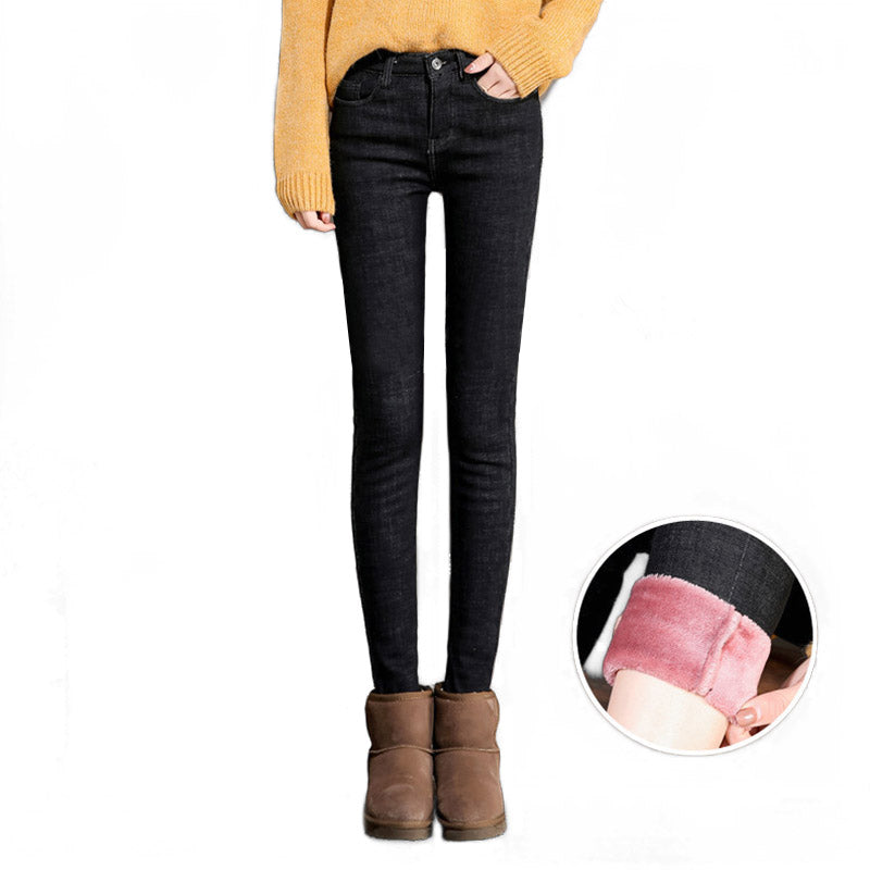 Womens Fleece Jeans with Pockets High Waist Stretch Pants-1555-Black